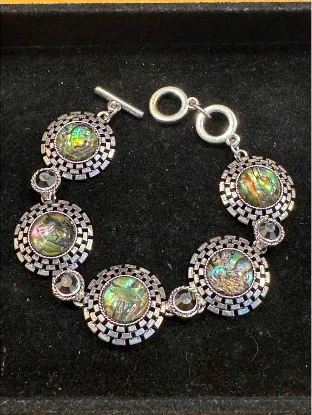 Silver Tone Opal Disc Link Bracelet